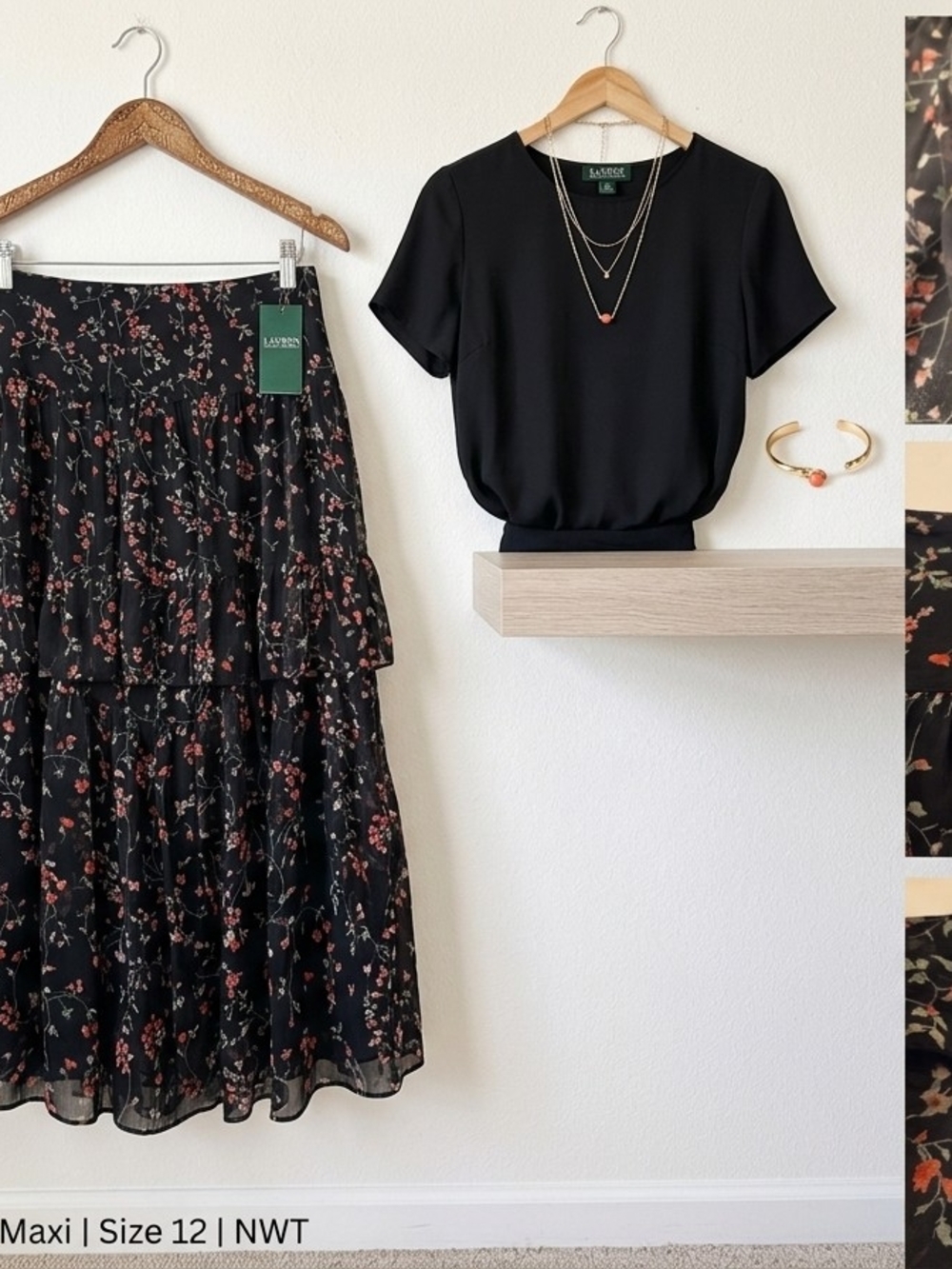 Ralph Lauren Black Maxi Skirt with Pink & Green Floral Print